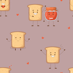 Cute childish drawing with funny toast bread character. Seamless pattern on a dark purple background for clothes, fabric, wallpapers, textiles and paper. Stock vector illustration.