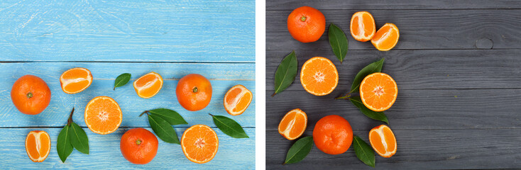 tangerine with leaves on blue wooden background with copy space for your text. Flat lay, top view. Fruit composition