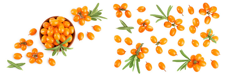 Sea buckthorn in wooden bowl. Fresh ripe berry with leaves isolated on white background with copy...