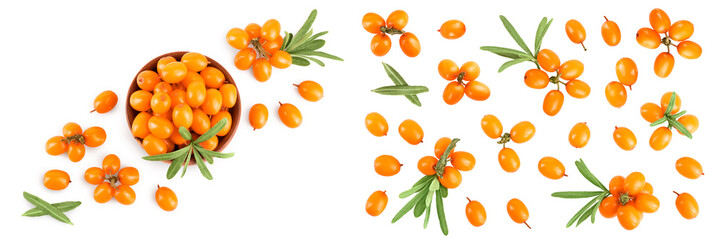 Sea buckthorn in wooden bowl. Fresh ripe berry with leaves isolated on white background with copy space for your text. Top view. Flat lay pattern © kolesnikovserg