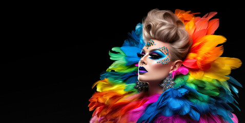 Drag queen person wearing heavy extravagant makeup and rainbow dress. Proud expression. Wide banner with copy space on side. Generative AI