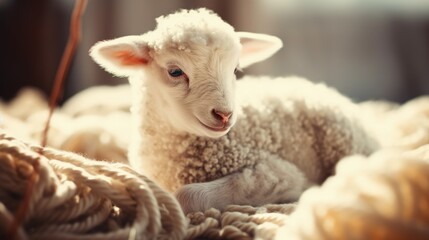 A cute little lamb is lying next to the balls of wool. Organic, eco-friendly fabric production.Ai generated