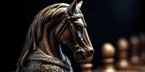  close up Chess knight and other chess pieces the day before yesterday.Ai generated