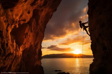 Woman climbs a mountain holding a rope by the sea during sunset.  Extreme sports. Adventures, life style.
