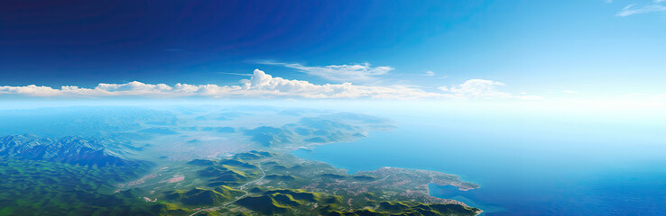 stunning aerial view of an idyllic island surrounded by the vast expanse of the sparkling ocean, panorama of French Riviera coast, sea and sky, landscape horizon for your text or design, banner, AI 