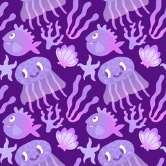 Cartoon fish seamless jellyfish and shall and coral pattern for fabrics and wrapping paper and kids clothes print