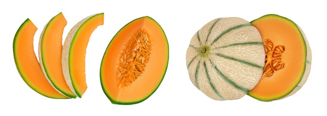 Cantaloupe melon isolated on white background with  full depth of field. Top view. Flat lay