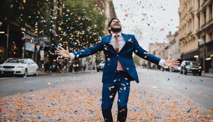 Happy businessman in suit throwing confetti on downtown city street