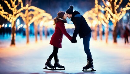 Romantic couple kissing while ice skating on winter night