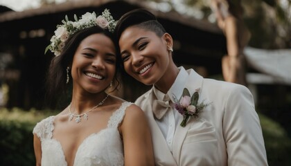 Smiling multiethnic lesbian couple posing on their wedding day