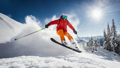 Fototapeta na wymiar Skier jumping on a sunny mountain slope with professional equipment