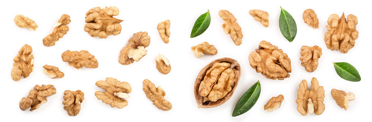 peelled Walnuts isolated on white background. Top view. Flat lay