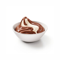 Melted cream with chocolate in a bowl on white background
