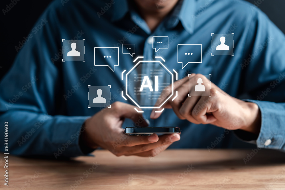 Aufkleber Businessman using ai technology. chat bot with AI Artificial Intelligence generate. Futuristic technology, robot in online system. Business in future to invest and develop corporate concept