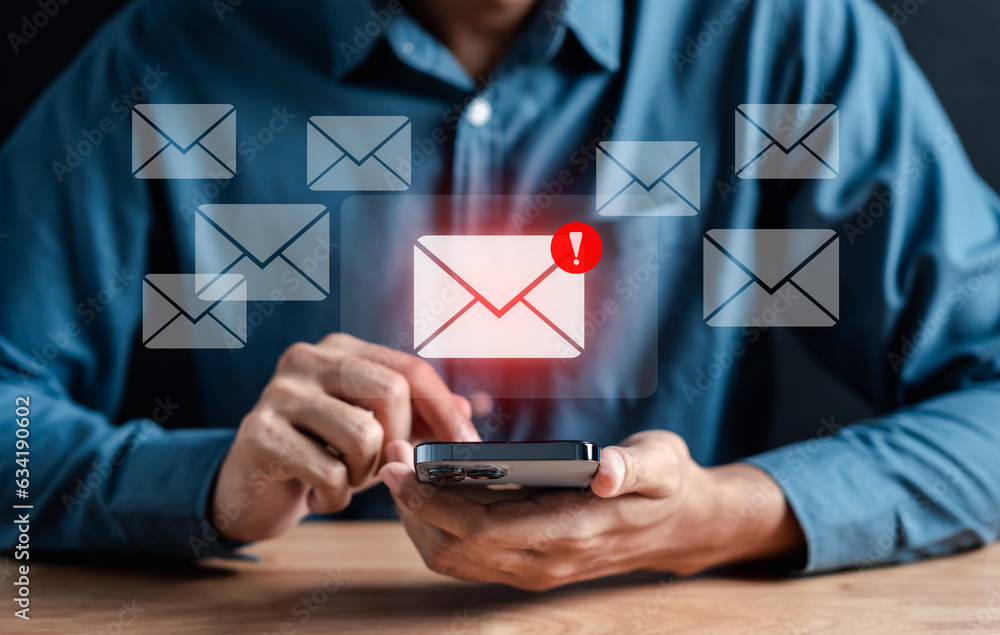 Poster Alert Email inbox and spam virus with warning caution for notification on internet letter security protect, junk and trash mail and compromised information...