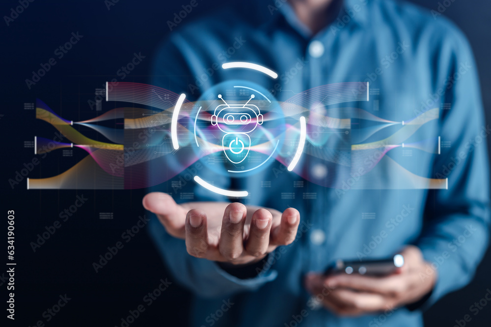 Aufkleber Businessman using ai technology. chat bot with AI Artificial Intelligence generate. Futuristic technology, robot in online system. Business in future to invest and develop corporate concept