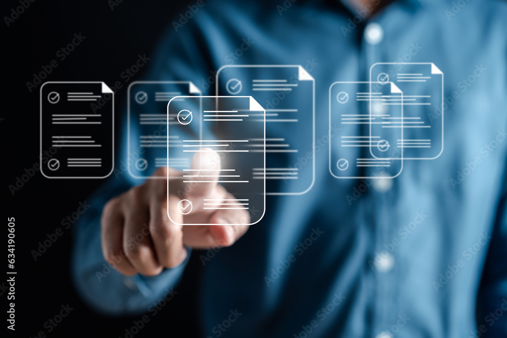 Aufkleber Online survey and digital form checklist by laptop computer, Document Management Checking System, online documentation database and process manage files..