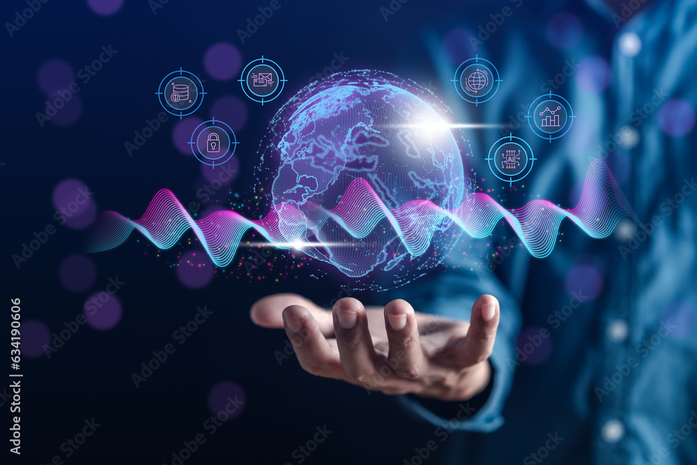 Aufkleber businessman with global networking business strategy internet connection technology and digital onli