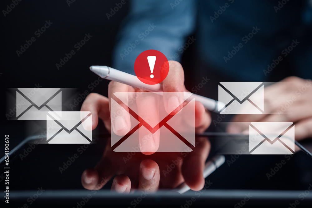 Fototapete Alert Email inbox and spam virus with warning caution for notification on internet letter security protect, junk and trash mail and compromised information...