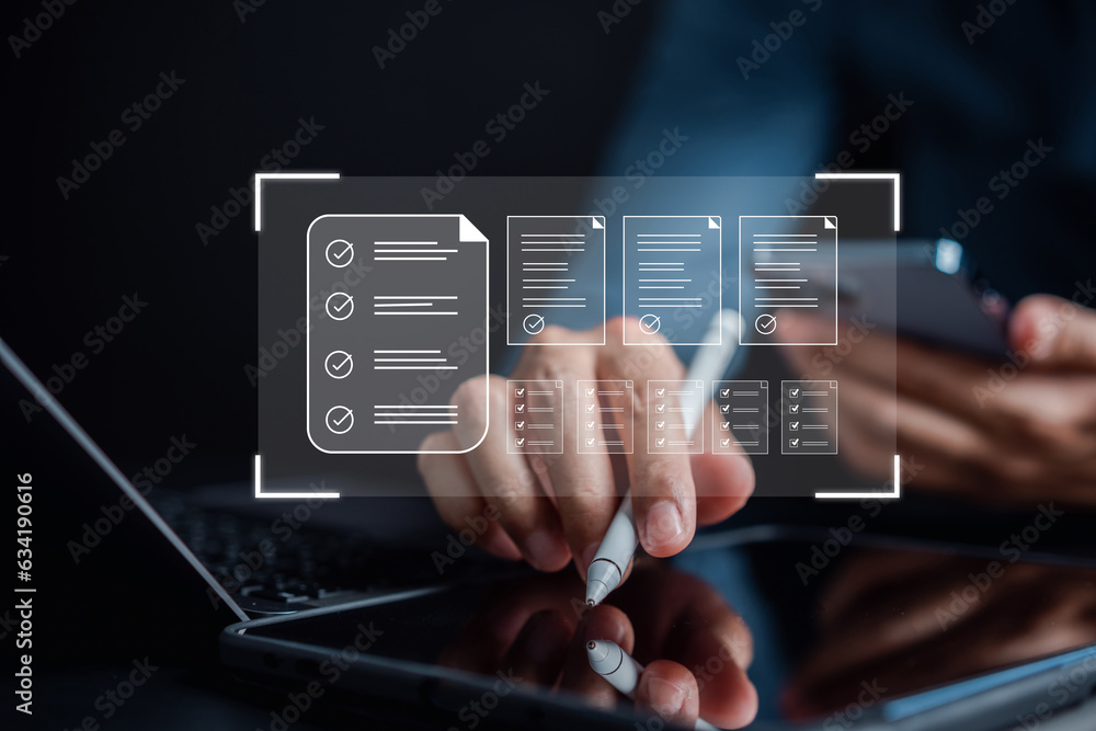 Poster Online survey and digital form checklist by laptop computer, Document Management Checking System, online documentation database and process manage files..