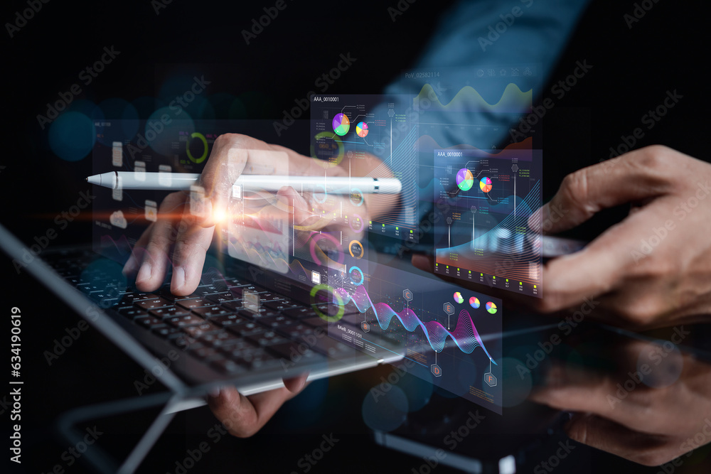 Aufkleber Businessman using ai technology for data analytics, Artificial Intelligence generate. Futuristic technology, robot in online system. Business in future to invest and develop corporate concept.