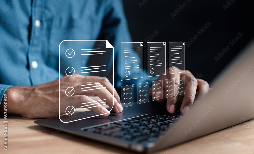 Fototapete Online survey and digital form checklist by laptop computer, Document Management Checking System, online documentation database and process manage files..