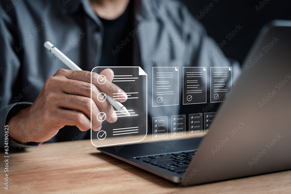 Poster Online survey and digital form checklist by laptop computer, Document Management Checking System, online documentation database and process manage files..