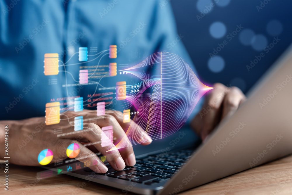 Aufkleber Businessman using ai technology for data analytics, Artificial Intelligence generate. Futuristic technology, robot in online system. Business in future to invest and develop corporate concept.