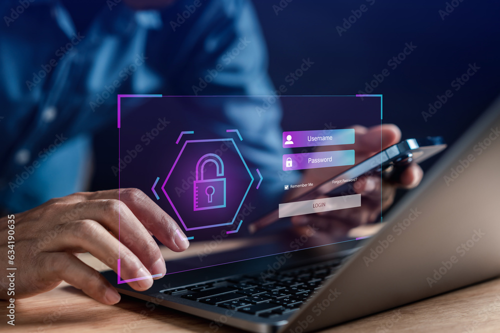 Poster Cybersecurity and privacy concepts to protect data. businessman with internet network security technology. personal data on laptop. cyber security concept..