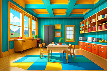 vibrant and lively cartoon indoor background for a children's playroom