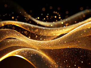 Abstract Gold Wave Stripes Design. Shiny golden moving lines design element with glitter effect on dark background