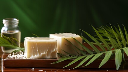 Fototapeta na wymiar Palm oil buttercream and yeast decorated with palm leaves monochromatic background. Concept: cosmetic and food products from palm oil also the production of shampoos and cosmetics. 