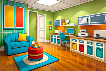 vibrant and lively cartoon indoor background for a children's playroom