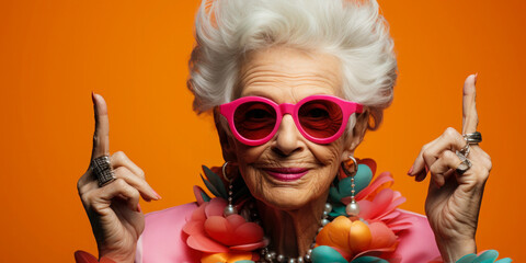Senior Elegance: Funny Grandmother's Stylish Pose on Colored Background - obrazy, fototapety, plakaty