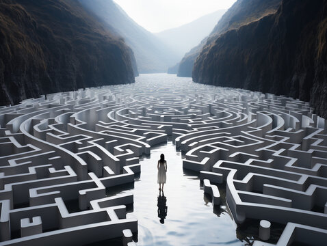 A person walking through a labyrinth or maze, representing the complexity of anxious thoughts and the journey to find clarity. Struggle, uncertainty, anxious thoughts, decision-making mind growth
