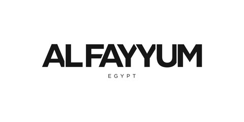 Al Fayyum in the Egypt emblem. The design features a geometric style, vector illustration with bold typography in a modern font. The graphic slogan lettering.
