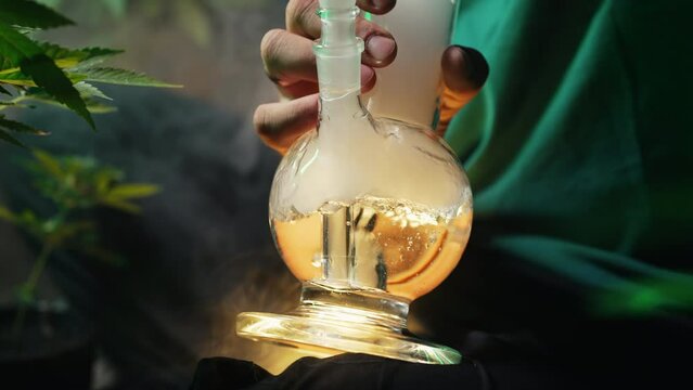 Man smoking sativa marijuana, glass water bong in neon light at home. Cannabis.
