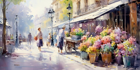 flowers marketplace  , basket of flowers violets on the street of paris on a sunny day ,paint in the impressionism  art style  