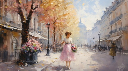 flowers marketplace  , basket of flowers violets on the street of paris on a sunny day ,paint in the impressionism  art style   - 634192024