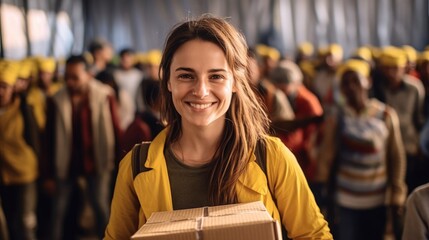 Smiling woman working at charity holding parcel