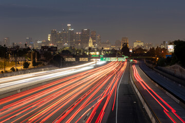 Fototapeta na wymiar Morning traffic on Interstate 10 approaching downtown Los Angeles