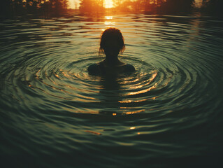 A person in a still body of water, with reflection distorted by ripples, reflecting the distorted self-perception that anxiety create, anxiety, depression, stress, suicide concept