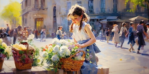 a young girl with a basket of flowers sells violets on the street of Paris on a sunny day ,paint in the impressionism  art style