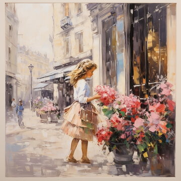 a young girl with a basket of flowers sells violets on the street of Paris on a sunny day ,paint in the impressionism  art style