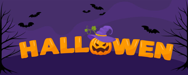 Halloween banner with letters and holiday symbols pumpkin bats. Design for banner, voucher, offer, coupon, holiday sale. Vector illustration.