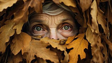 Eine betagte Frau schaut mit leerem Blick durch Herbsblätter, die zum großteil Ihr Gesicht bedecken.
Symbolisch für Depression, Demenz, Alzheimer-Krankheit.