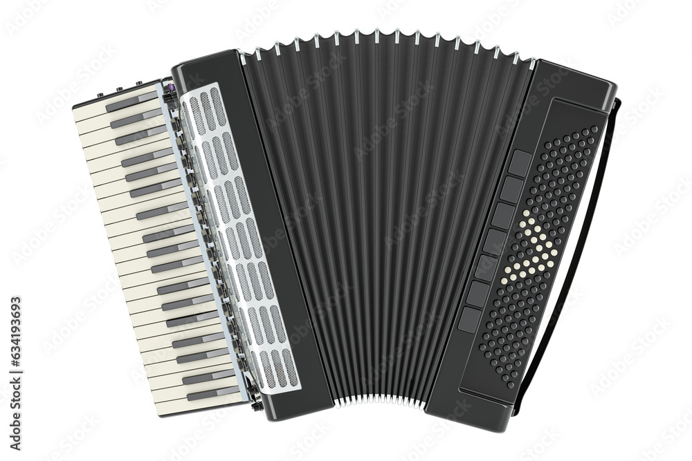 Poster piano accordion, black color, front view. 3d rendering isolated on transparent background