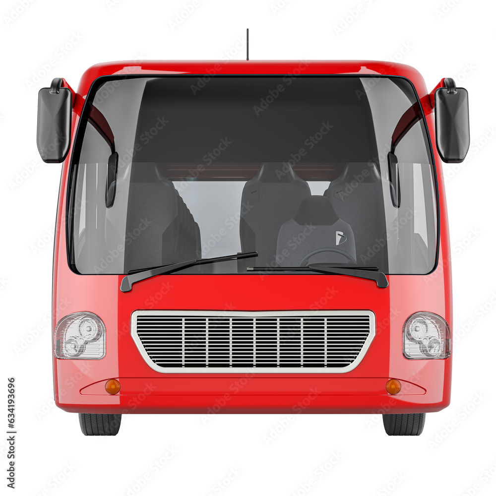 Poster red bus, front view. 3d rendering isolated on transparent background