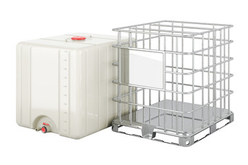 Cubic container and metal crate, 3D rendering isolated on transparent background