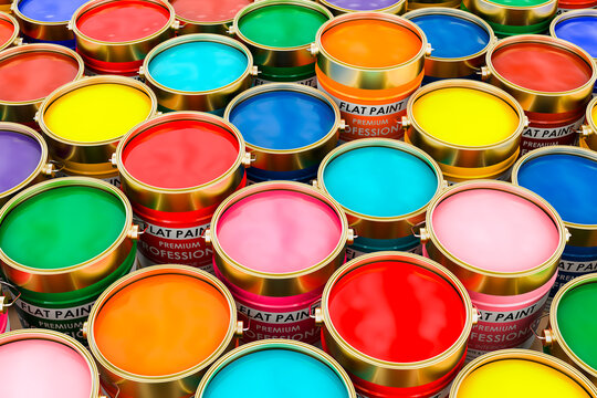 Paint cans closeup background, top view. 3D rendering